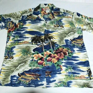 Hilo Hattie Blue Beige Tropical Palm Tree Men